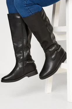 Yours Yours Black Knee High Chain Detail Boots In Wide E Fit & Extra Wide Eee Fit