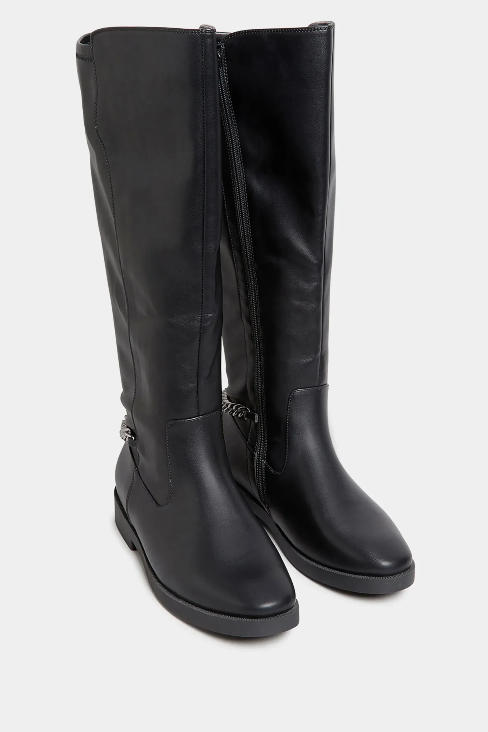 Yours Yours Black Knee High Chain Detail Boots In Wide E Fit & Extra Wide Eee Fit