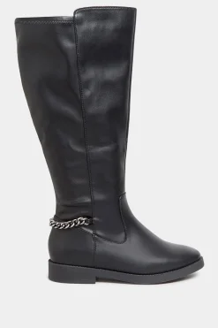 Yours Yours Black Knee High Chain Detail Boots In Wide E Fit & Extra Wide Eee Fit