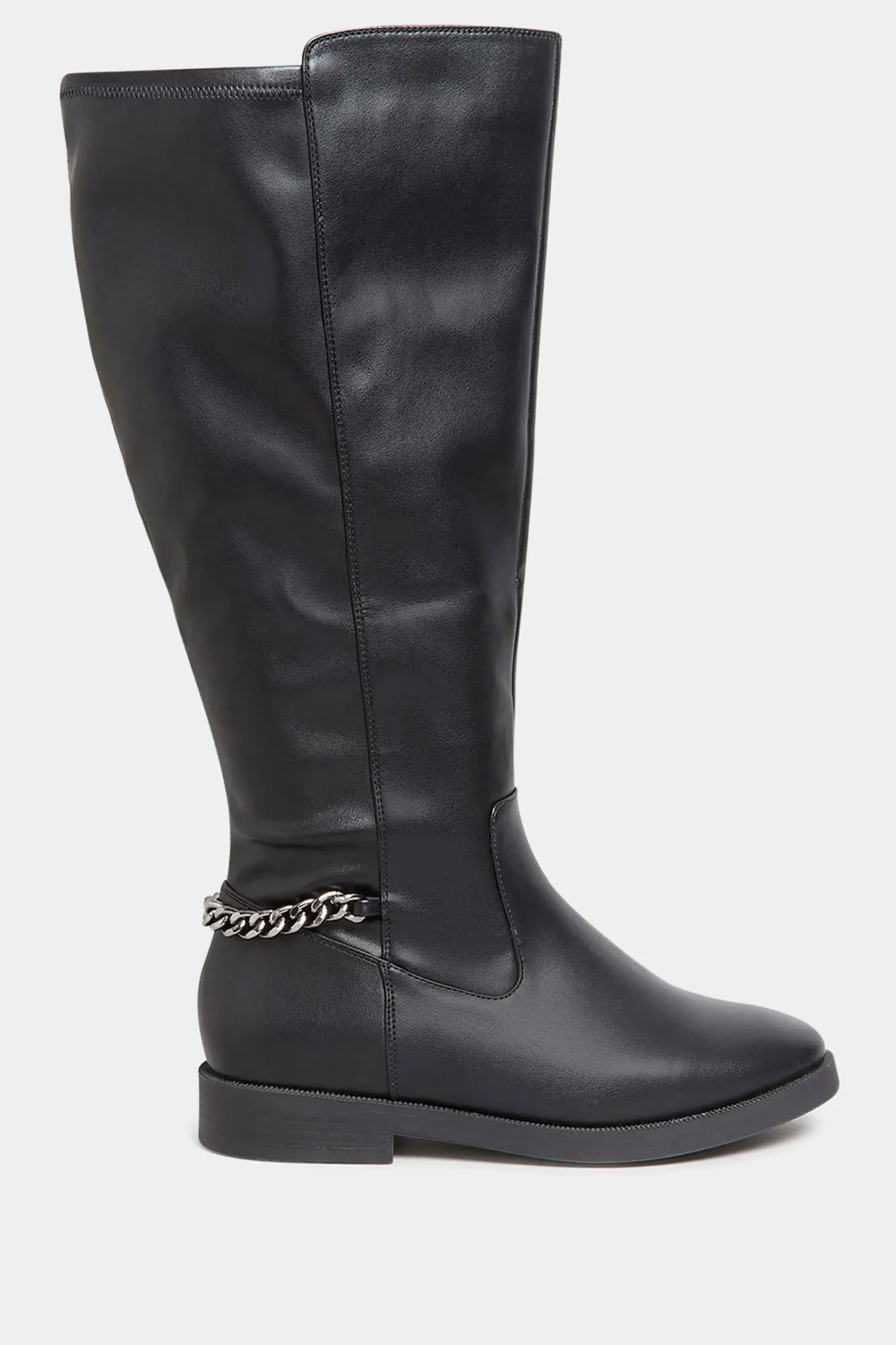 Yours Yours Black Knee High Chain Detail Boots In Wide E Fit & Extra Wide Eee Fit