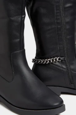Yours Yours Black Knee High Chain Detail Boots In Wide E Fit & Extra Wide Eee Fit