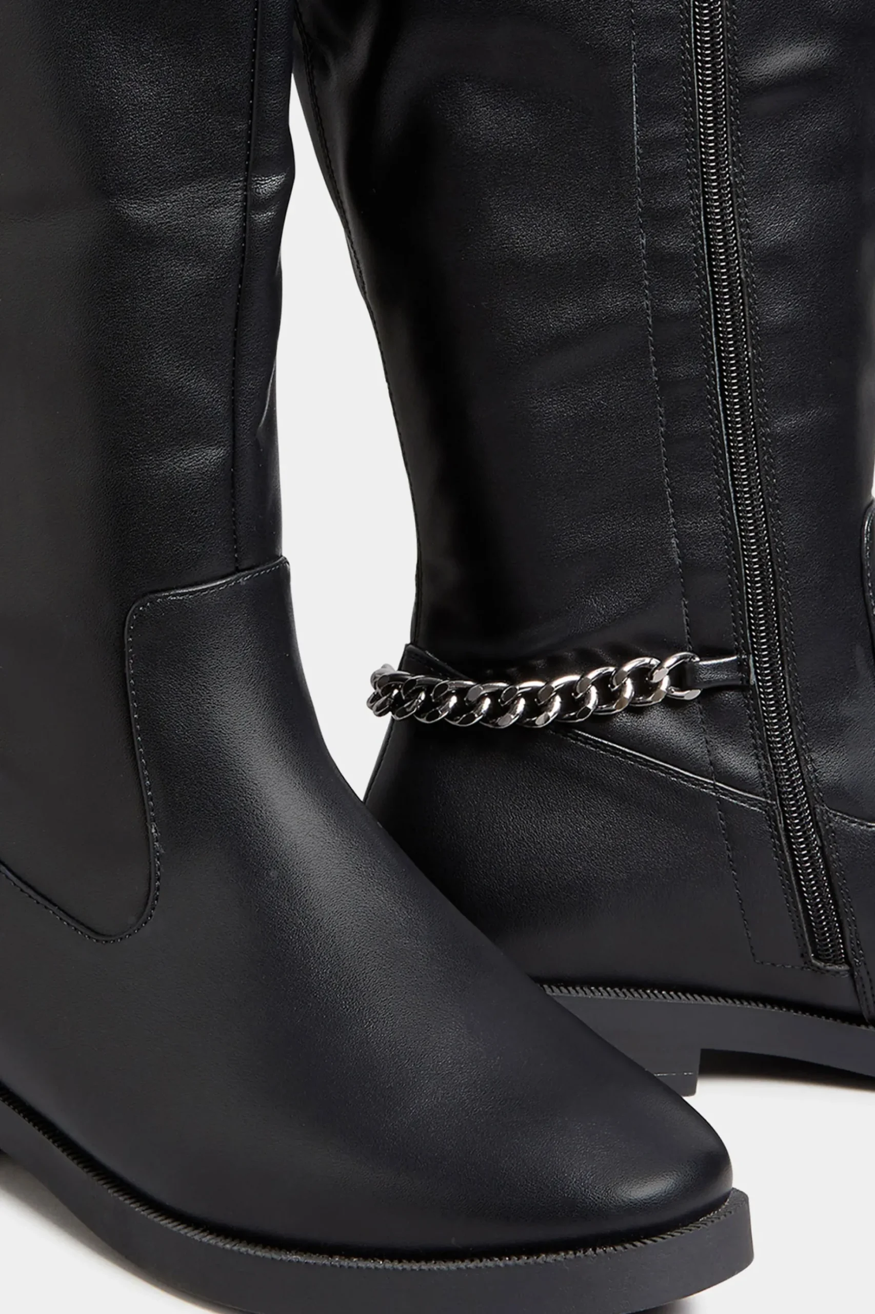 Yours Yours Black Knee High Chain Detail Boots In Wide E Fit & Extra Wide Eee Fit