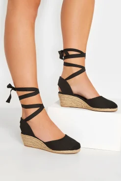 Yours Yours Black Lace Up Espadrille Wedges In Wide E Fit & Extra Wide Eee Fit