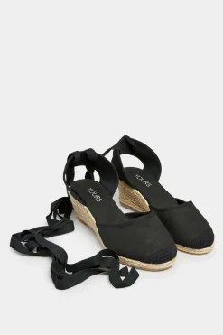 Yours Yours Black Lace Up Espadrille Wedges In Wide E Fit & Extra Wide Eee Fit