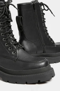 Yours Yours Black Lace Up Moccasin Toe Boots In Wide E Fit & Extra Wide Eee Fit