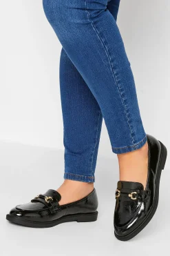 Yours Yours Black Patent Chain Detail Loafer In Wide E Fit & Extra Wide Eee Fit