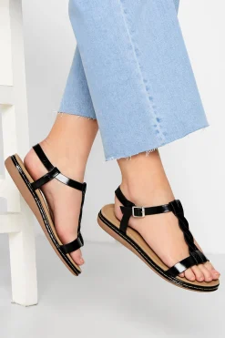 Yours Yours Black Patent Plaited Strap Sandals In Wide E Fit & Extra Wide Eee Fit