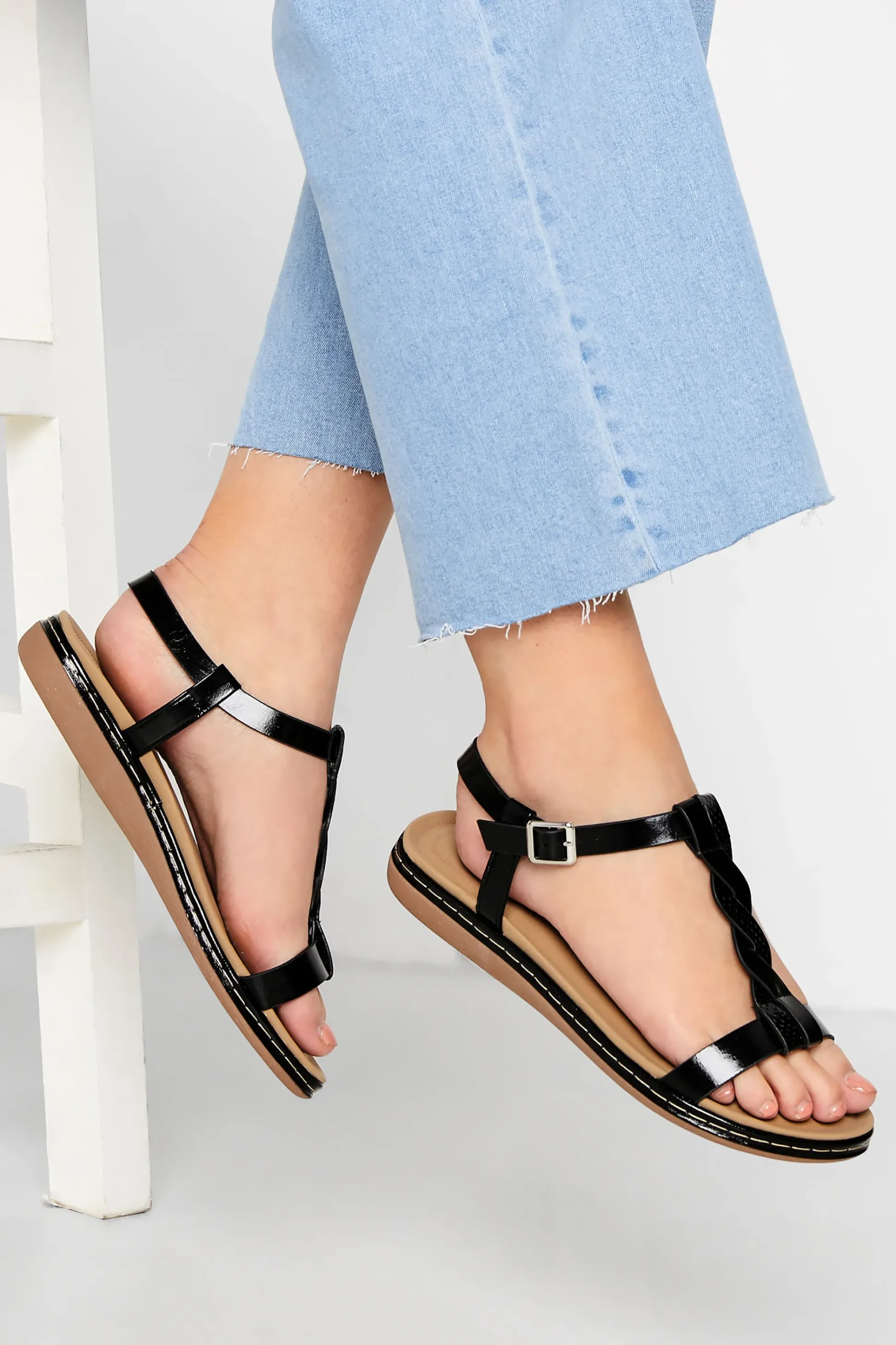 Yours Yours Black Patent Plaited Strap Sandals In Wide E Fit & Extra Wide Eee Fit
