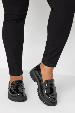 Yours Yours Black Patent Chunky Saddle Loafers In E Wide Fit & Eee Extra Wide Fit