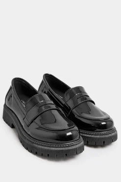 Yours Yours Black Patent Chunky Saddle Loafers In E Wide Fit & Eee Extra Wide Fit