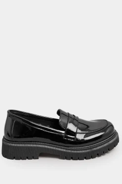 Yours Yours Black Patent Chunky Saddle Loafers In E Wide Fit & Eee Extra Wide Fit