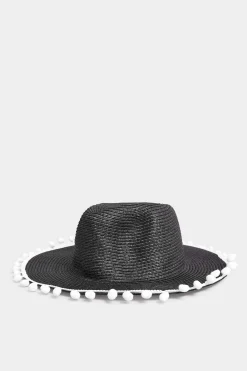 Yours Yours Black Pom Pom Straw Fedora Hat