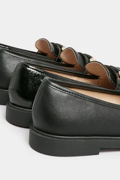 Yours Yours Black Pu Chain Detail Loafer In Wide E Fit & Extra Wide Eee Fit