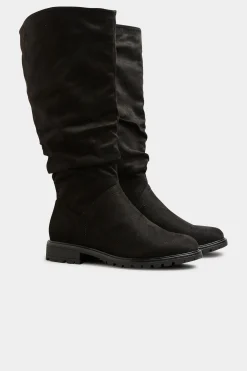 Yours Yours Black Ruched Cleated Boots In Wide E Fit & Extra Wide Eee Fit