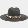 Yours Yours Black Straw Chain Fedora Hat