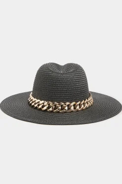 Yours Yours Black Straw Chain Fedora Hat
