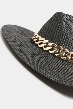 Yours Yours Black Straw Chain Fedora Hat