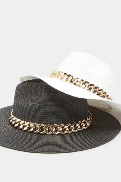 Yours Yours Black Straw Chain Fedora Hat