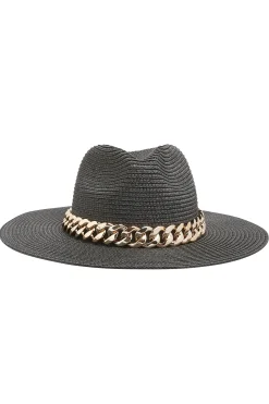 Yours Yours Black Straw Chain Fedora Hat