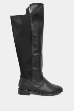 Yours Yours Black Studded Knee High Boots In Wide E Fit & Extra Wide Eee Fit