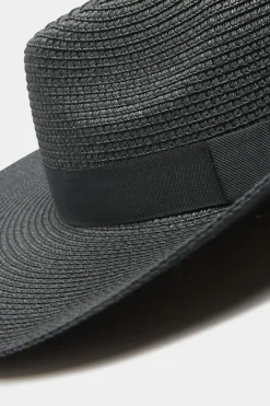 Yours Yours Black Wide Brim Straw Fedora Hat
