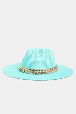 Yours Yours Bright Blue Straw Chain Fedora Hat