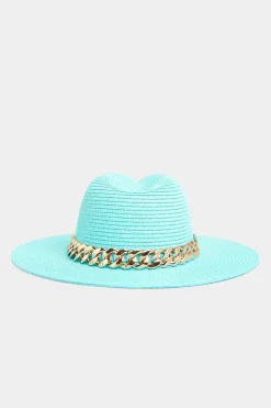 Yours Yours Bright Blue Straw Chain Fedora Hat