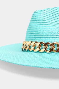 Yours Yours Bright Blue Straw Chain Fedora Hat