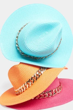 Yours Yours Bright Blue Straw Chain Fedora Hat