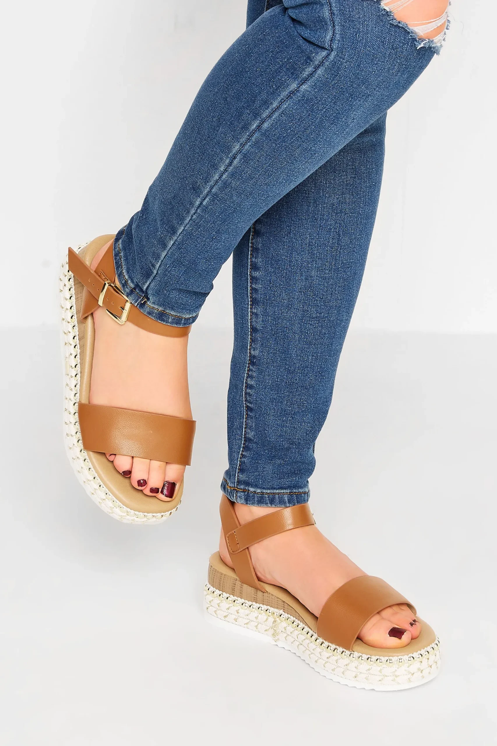 Yours Yours Brown Buckle Platform Espadrille Wedge Heels In Extra Wide Eee Fit