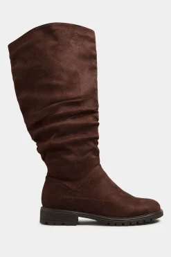 Yours Yours Chocolate Brown Ruched Cleated Boots In Wide E Fit & Extra Wide Eee Fit