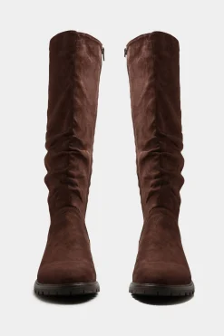 Yours Yours Chocolate Brown Ruched Cleated Boots In Wide E Fit & Extra Wide Eee Fit