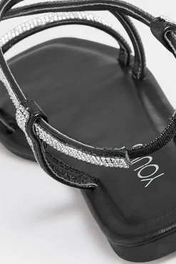Yours Yours Curve Black Diamante Strap Sandals In Wide E Fit & Extra Wide Eee Fit