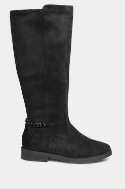 Yours Yours Curve Black Suede Knee High Chain Detail Boots In Wide E Fit & Extra Wide Eee Fit