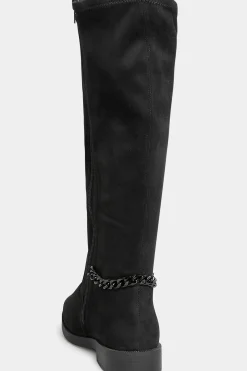 Yours Yours Curve Black Suede Knee High Chain Detail Boots In Wide E Fit & Extra Wide Eee Fit