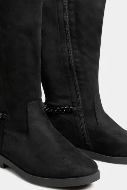 Yours Yours Curve Black Suede Knee High Chain Detail Boots In Wide E Fit & Extra Wide Eee Fit