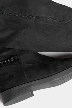 Yours Yours Curve Black Suede Knee High Chain Detail Boots In Wide E Fit & Extra Wide Eee Fit