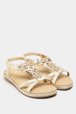 Yours Yours Gold Glitter Floral Diamante Studded Sandals In Wide E Fit & Extra Wide Eee Fit