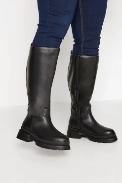 Yours Yours Limited Collection Black Faux Leather Pull On Knee High Boots In Extra Wide Eee Fit
