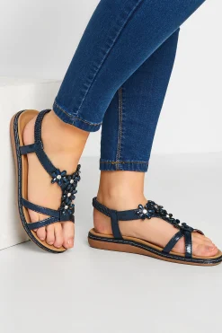 Yours Yours Navy Blue Glitter Floral Diamante Studded Sandals In Wide E Fit & Extra Wide Eee Fit