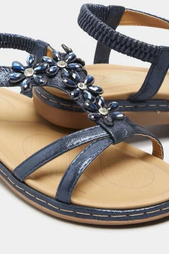 Yours Yours Navy Blue Glitter Floral Diamante Studded Sandals In Wide E Fit & Extra Wide Eee Fit