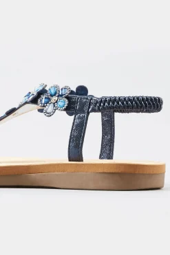 Yours Yours Navy Shimmer Diamante Flower Sandals In Wide E Fit & Extra Wide Eee Fit