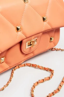 Yours Yours Orange Studded Quilted Chain Bag