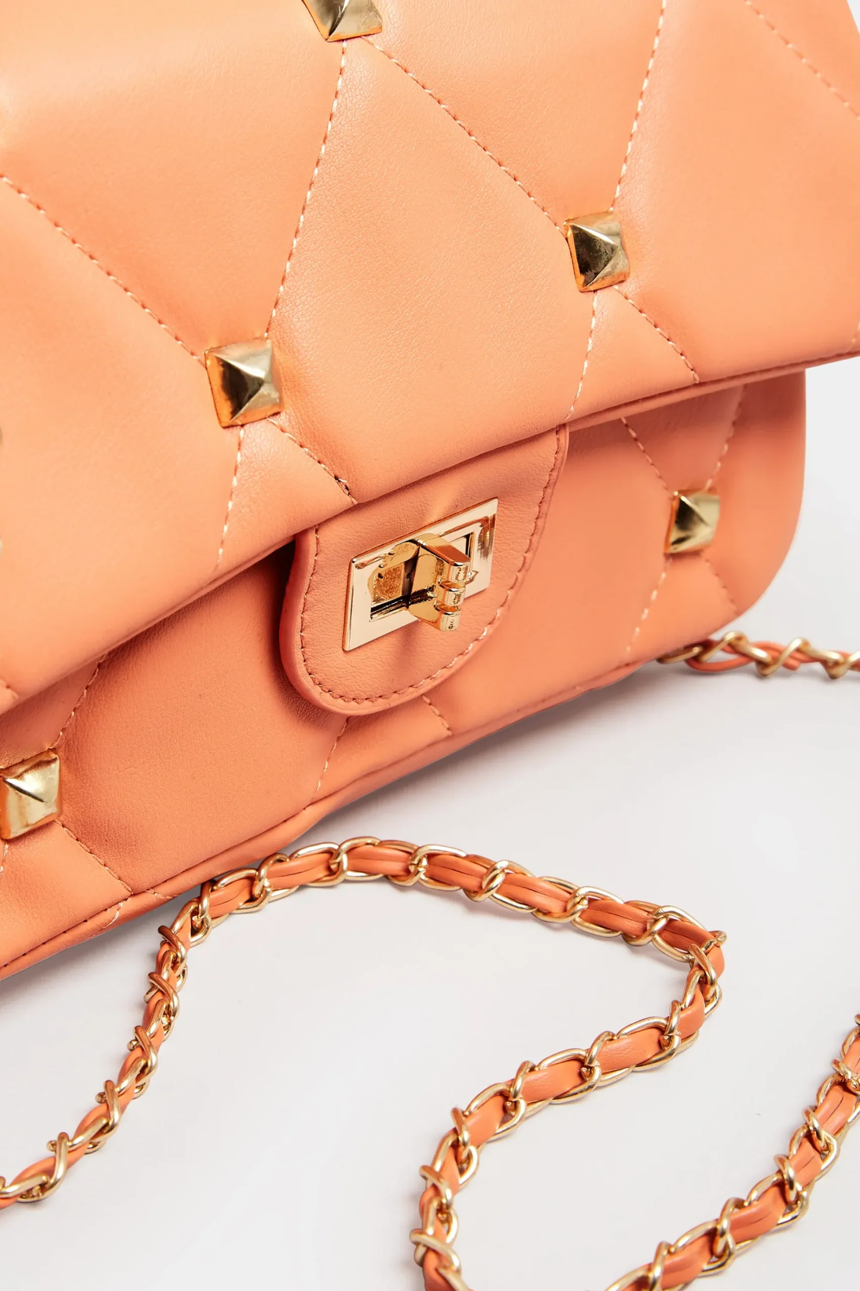 Yours Yours Orange Studded Quilted Chain Bag