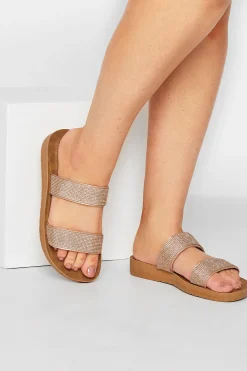 Yours Yours Rose Gold & Brown Glitter Strap Mule Sandals In Extra Wide Eee Fit