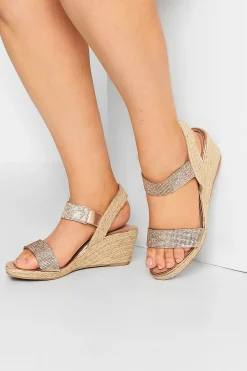 Yours Yours Rose Gold Diamante Embellished Espadrille Wedges In Wide E Fit & Extra Wide Eee Fit