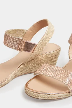 Yours Yours Rose Gold Diamante Embellished Espadrille Wedges In Wide E Fit & Extra Wide Eee Fit