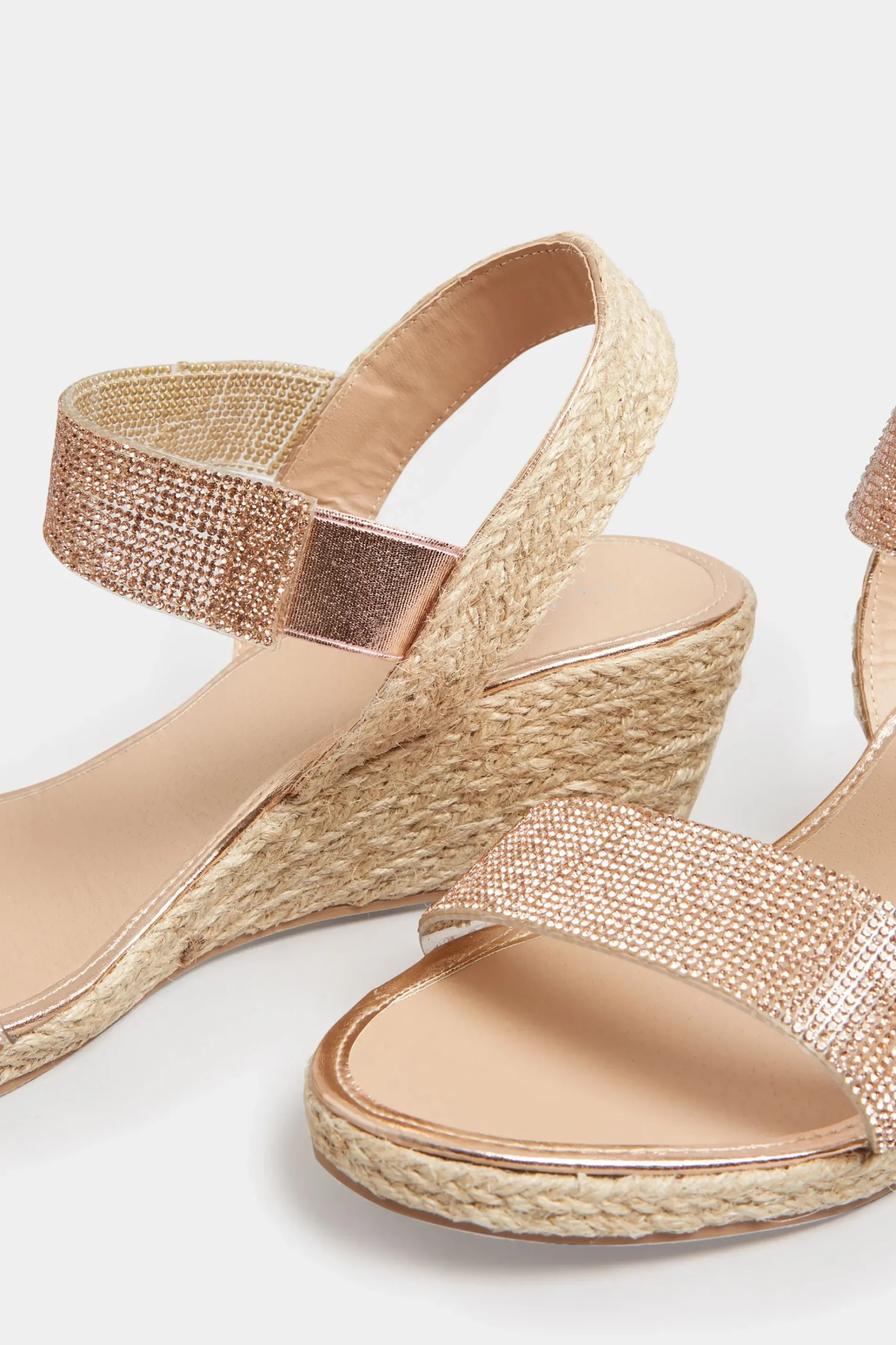 Yours Yours Rose Gold Diamante Embellished Espadrille Wedges In Wide E Fit & Extra Wide Eee Fit