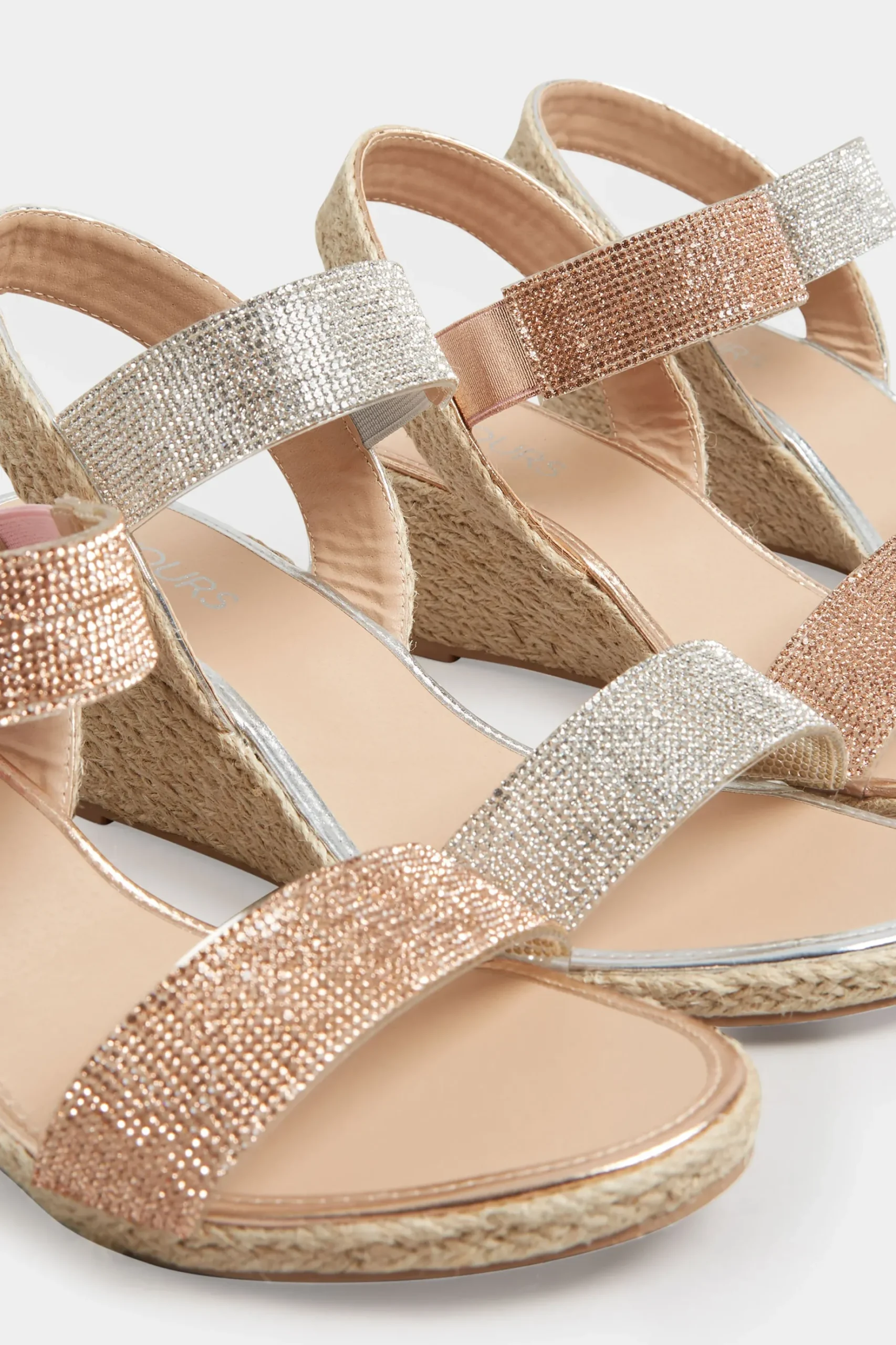 Yours Yours Rose Gold Diamante Embellished Espadrille Wedges In Wide E Fit & Extra Wide Eee Fit