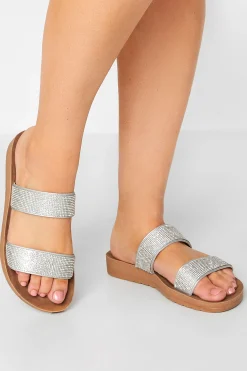 Yours Yours Silver & Brown Glitter Strap Mule Sandals In Extra Wide Eee Fit